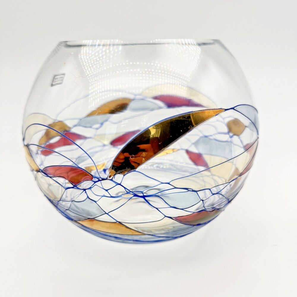 Romanian Mosaic Stained Glass Hand Blown Crystal Fish Bowl Round Vase Swirl 6”